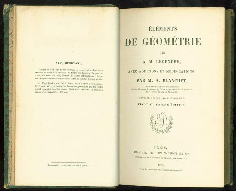 LEGENDRE, Adrien Marie. - lments de Gomtrie ... avec additions et modifications, par M.A. Blanchet. Troisime dition.