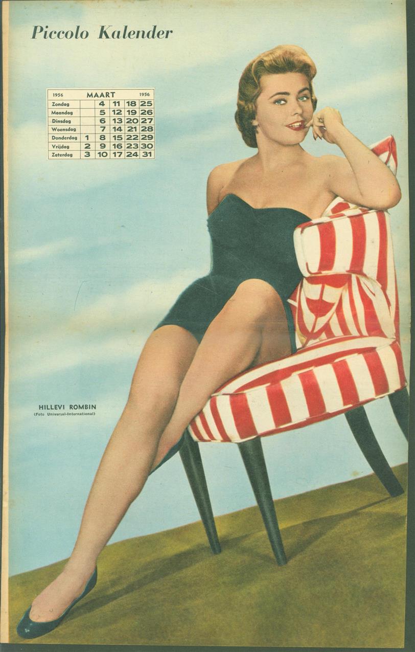 n.n. - (SMALL POSTER / PIN-UP) Piccolo Kalender - 1956  Maart - Hillevi Rombin