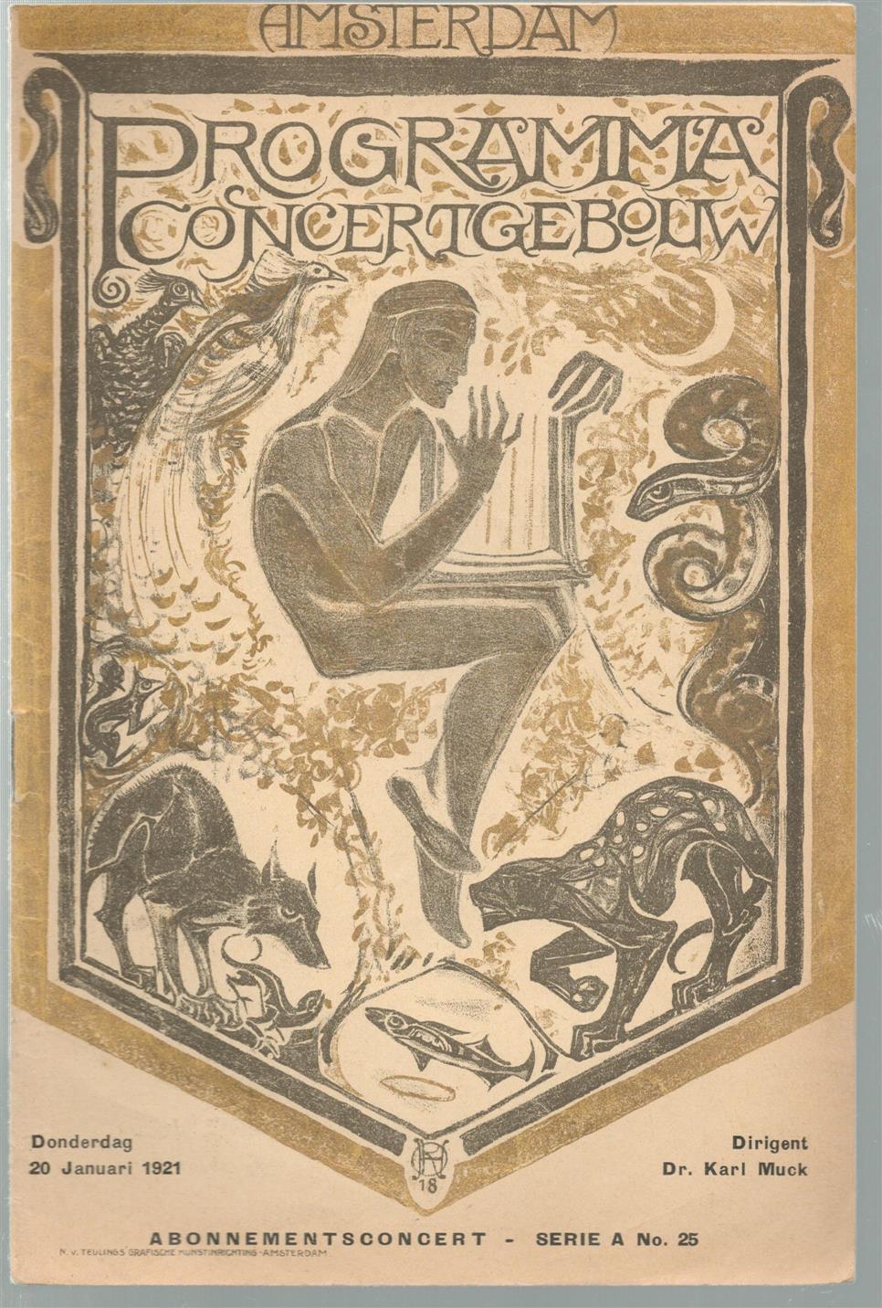 omslagontwerp: Richard Roland Holst - Programma van het abonnementsconcert. concertgebouw te amsterdam., 20 Januari 1921.  Abonnementsconcert onder leiding van Dr. Karl Muck.