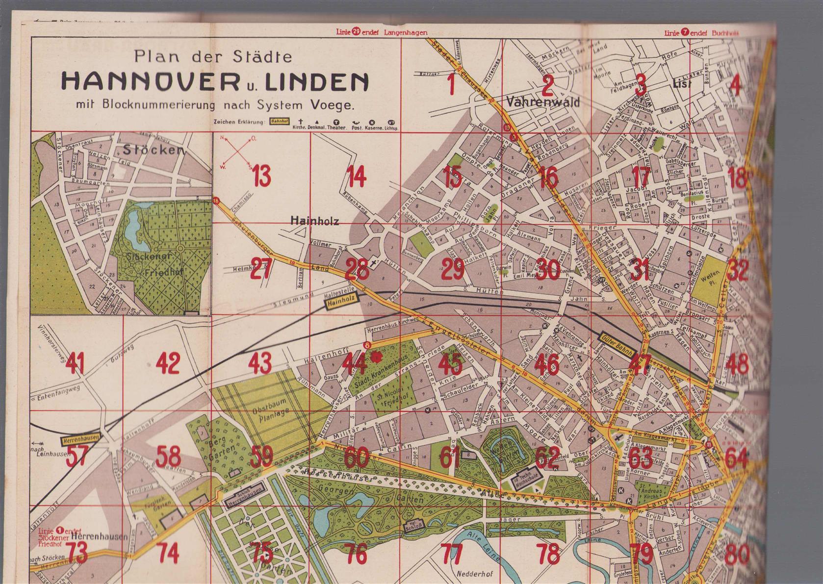 n.n - (PLATTEGROND / KAART - CITY MAP / MAP) Plan der Stadte Hannover u. Linden mit blocknummerierung nach system Voege