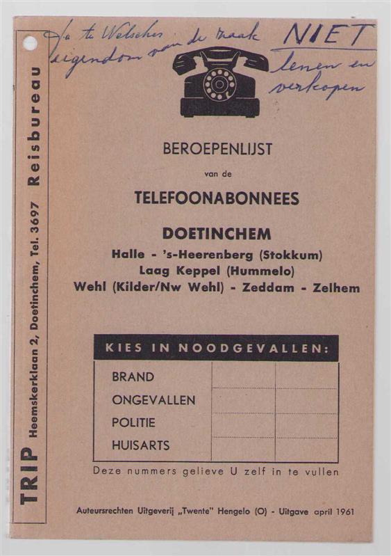 n.n - Beroepenlijst van de telefoonabonnees van Doetinchem - Halle - 's Heerenberg (stokkum) Laag Keppel (Hummelo) Wehl (Kilder Nw Wehl) - Zeddam - Zelhem