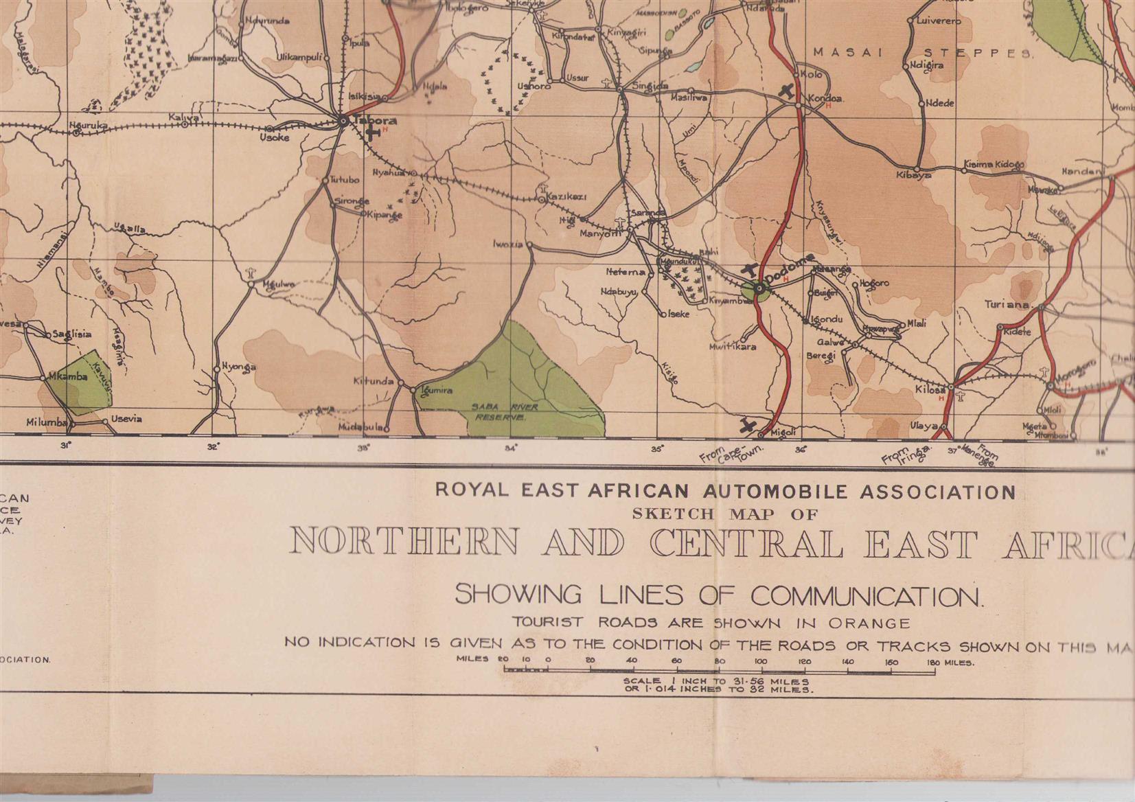 Royal East Africa Automobile Association. - Road map of East Africa - Showing adjacent roads in the Belgian Congo, The Sudan, Abyssinia and Italian Somaliland.