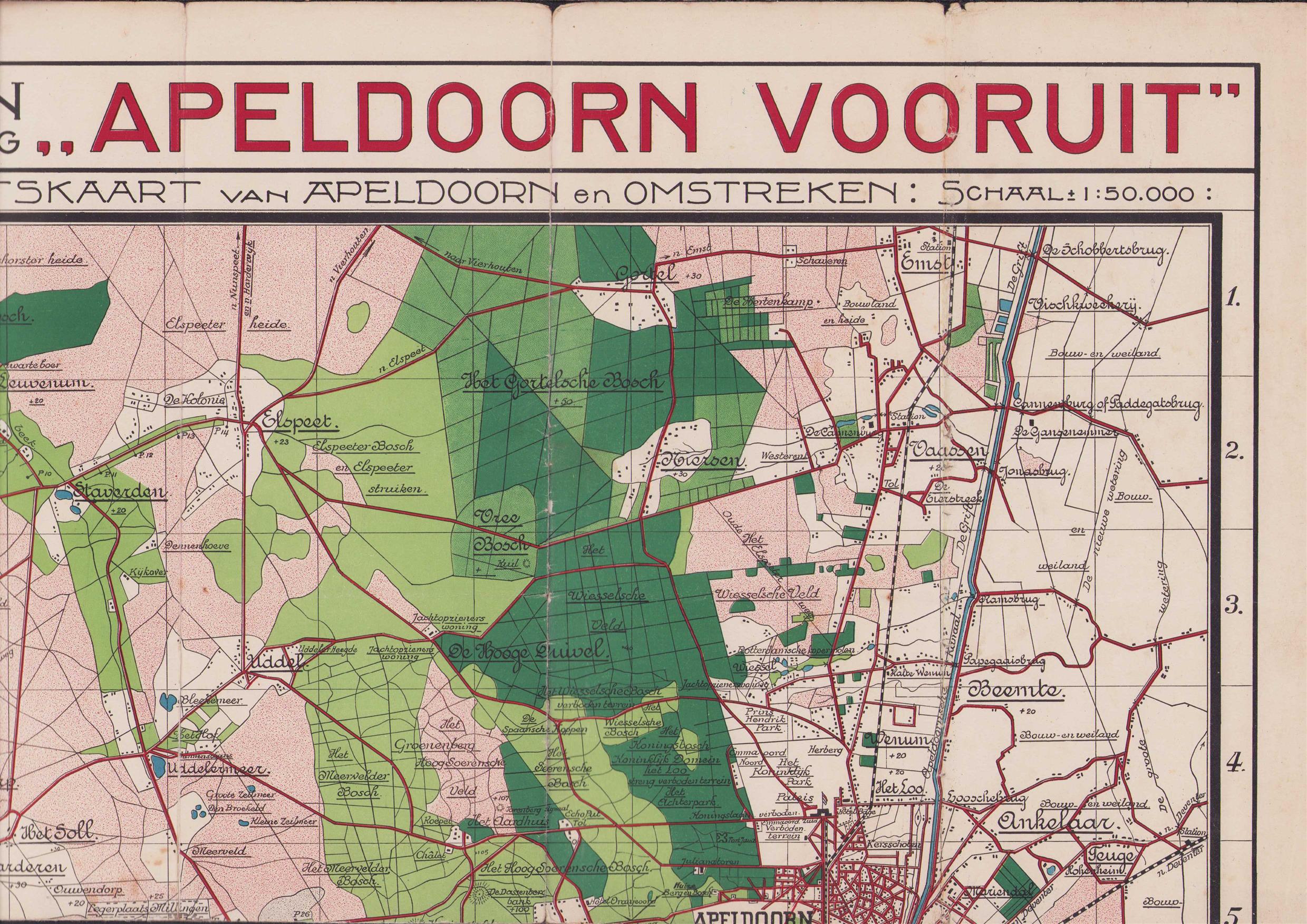 n.n - (PLATTEGROND / KAART - CITY MAP / MAP) Rij-, wandel- en fietskaart van Apeldoorn en omstreken met alphabetische afstandswijzer van Apeldoorn naar de op deze kaart voorkomende plaatsen.